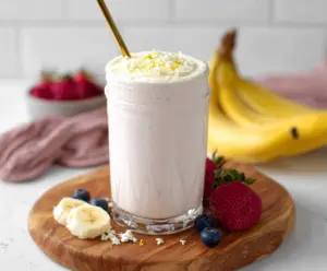 Healthy cottage cheese protein shake in a clear glass; perfect for a nutritious breakfast or post-workout recovery.
