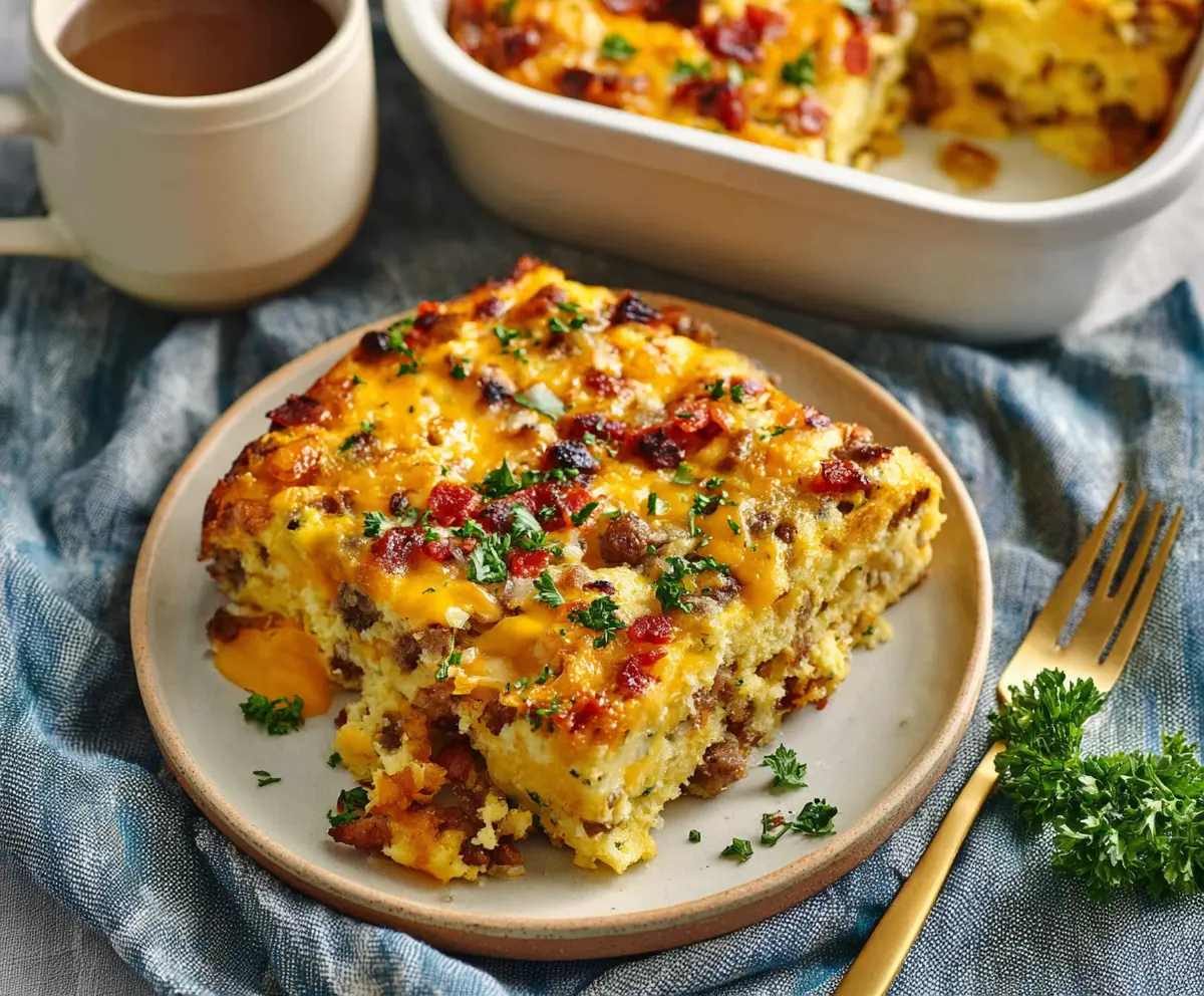 Delicious Cowboy Breakfast Casserole with eggs, sausage, and cheese in a baking dish.