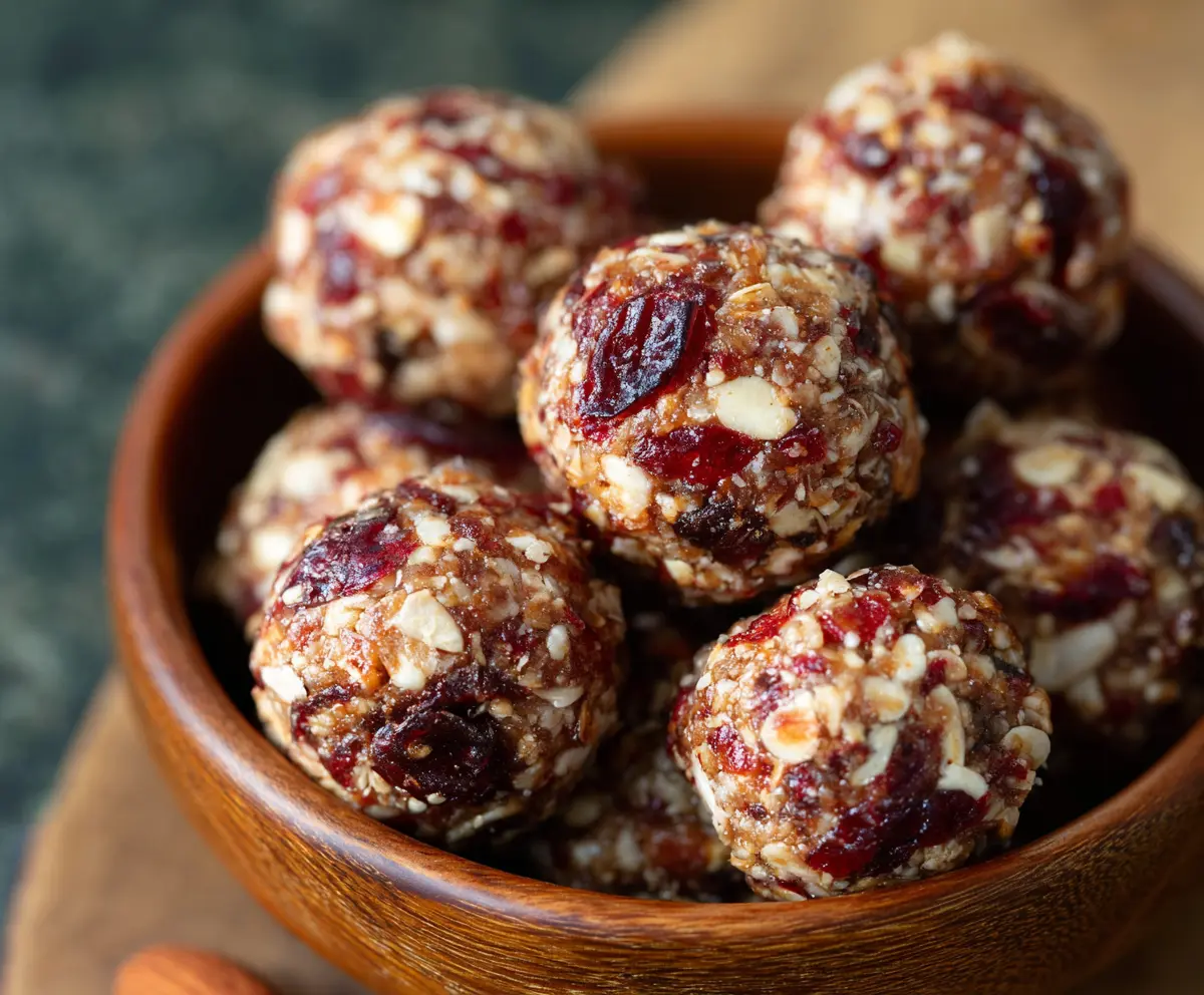Healthier snack featuring cranberry and almond energy bites with a nutritious and colorful appearance.