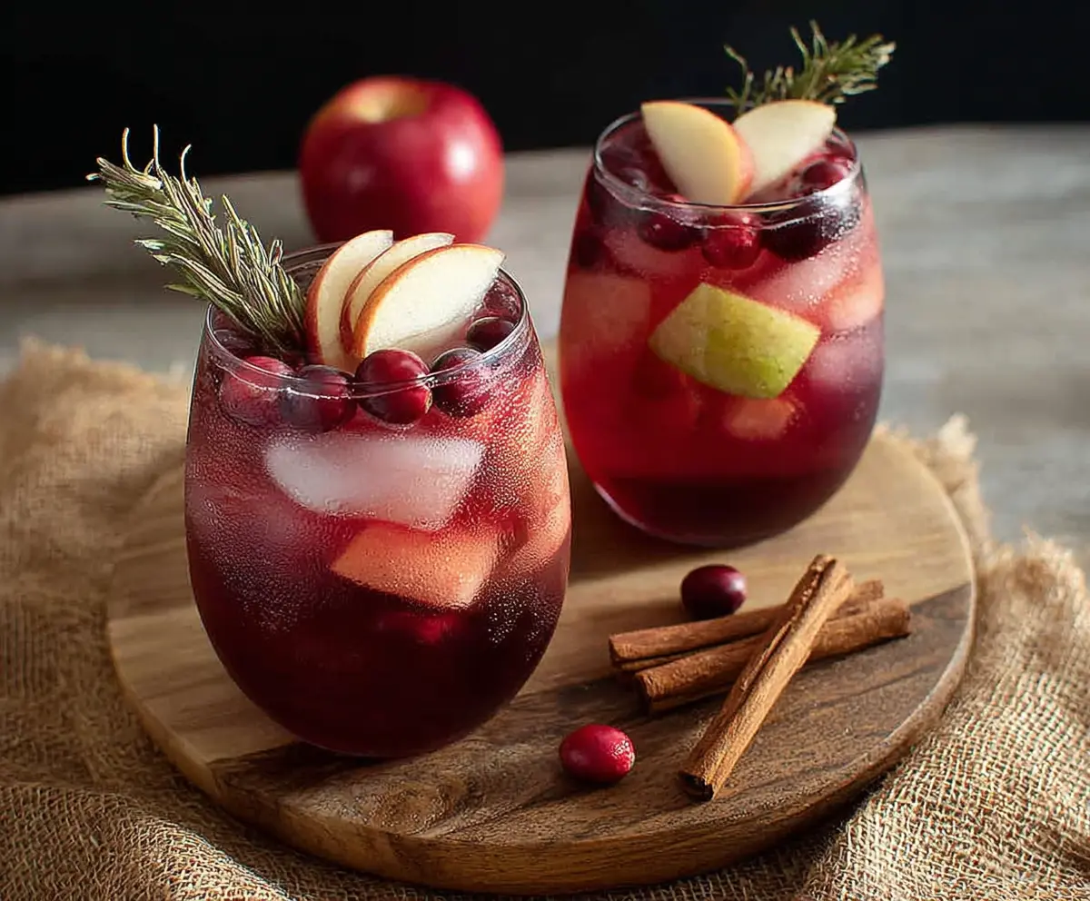 Refreshing Cranberry Apple Cider Sangria with fresh fruits in a glass pitcher.