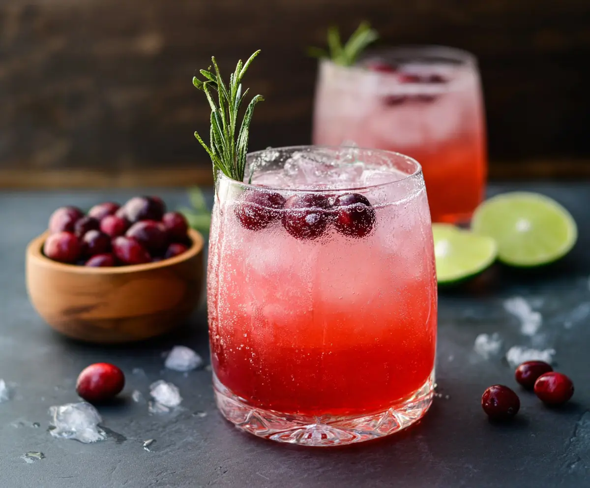 Refreshing Cranberry Gin Fizz cocktail garnished with fresh cranberries and a sprig of mint.