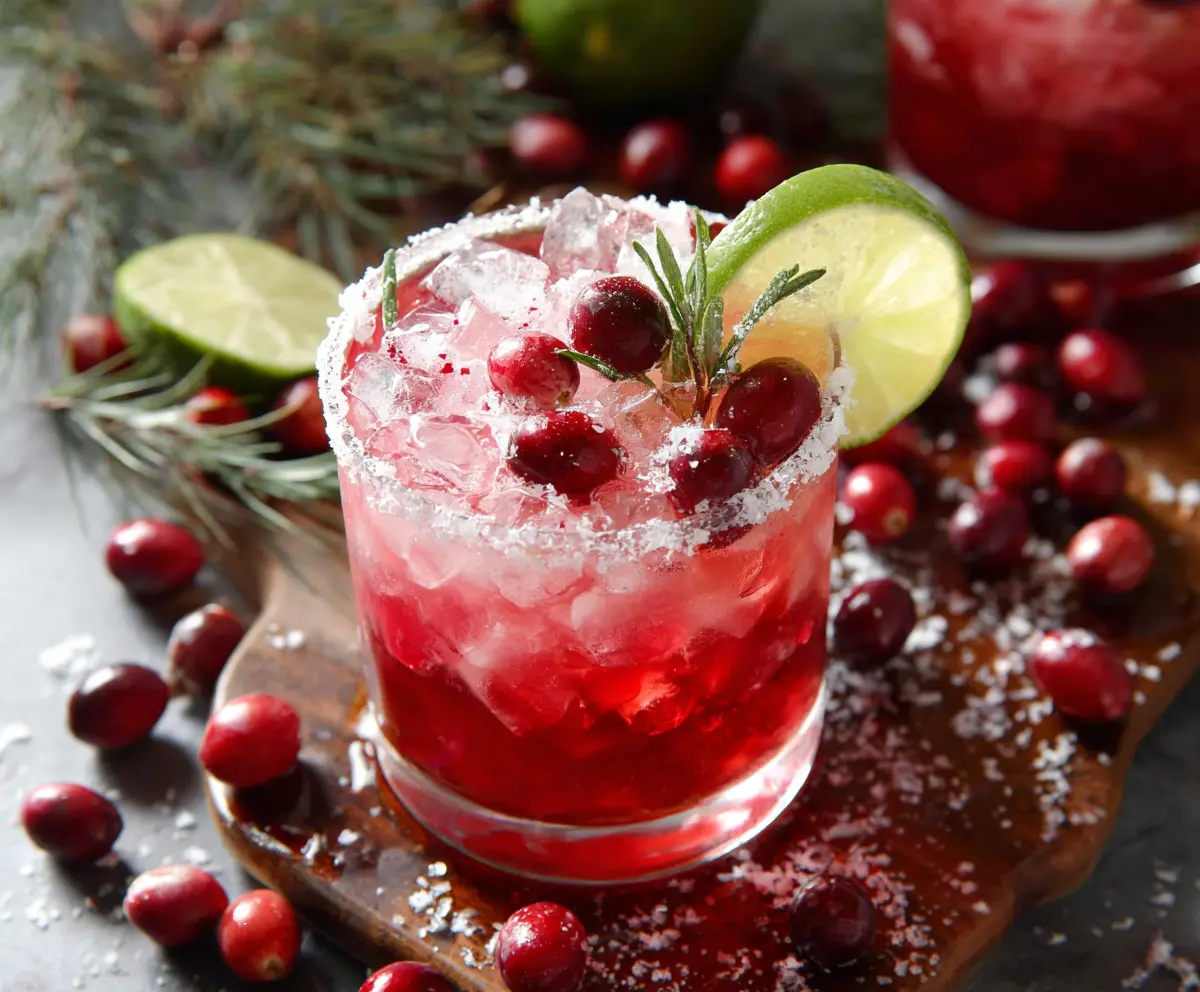 Refreshing cranberry margarita cocktail served in a glass with fresh cranberries and a lime wedge
