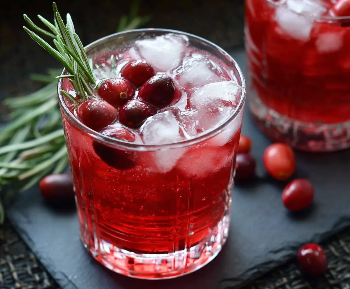 Cranberry Rosemary Vodka Cocktail in a glass garnished with fresh cranberries and rosemary sprigs