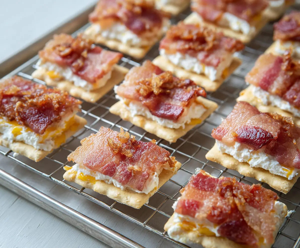 Cream Cheese Bacon Crackers on a plate, featuring crispy bacon and creamy cheese atop crunchy crackers, perfect for appetizers.