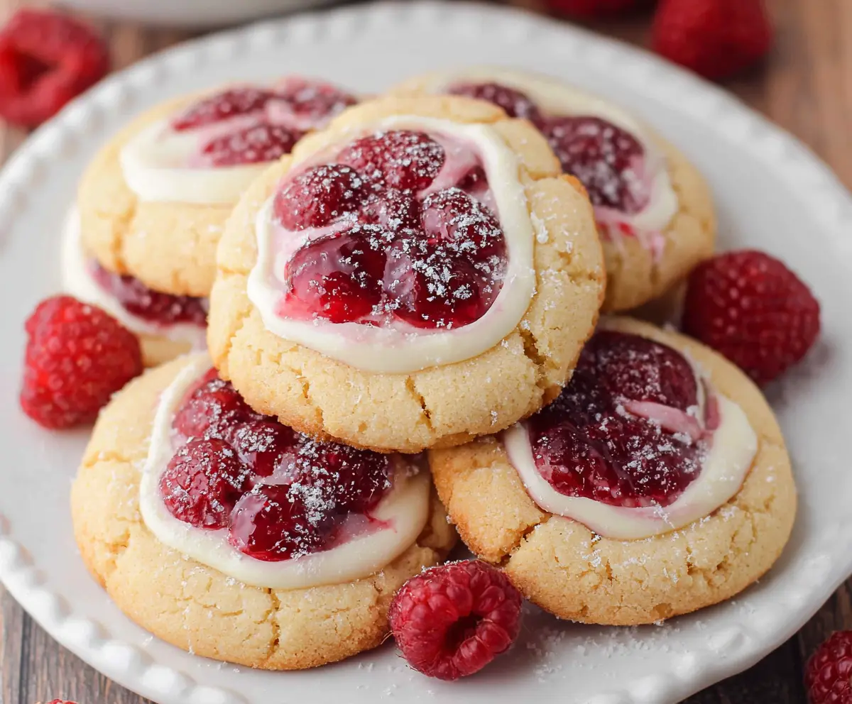 Delicious cream cheese raspberry cookies with fresh berries and soft, chewy texture.