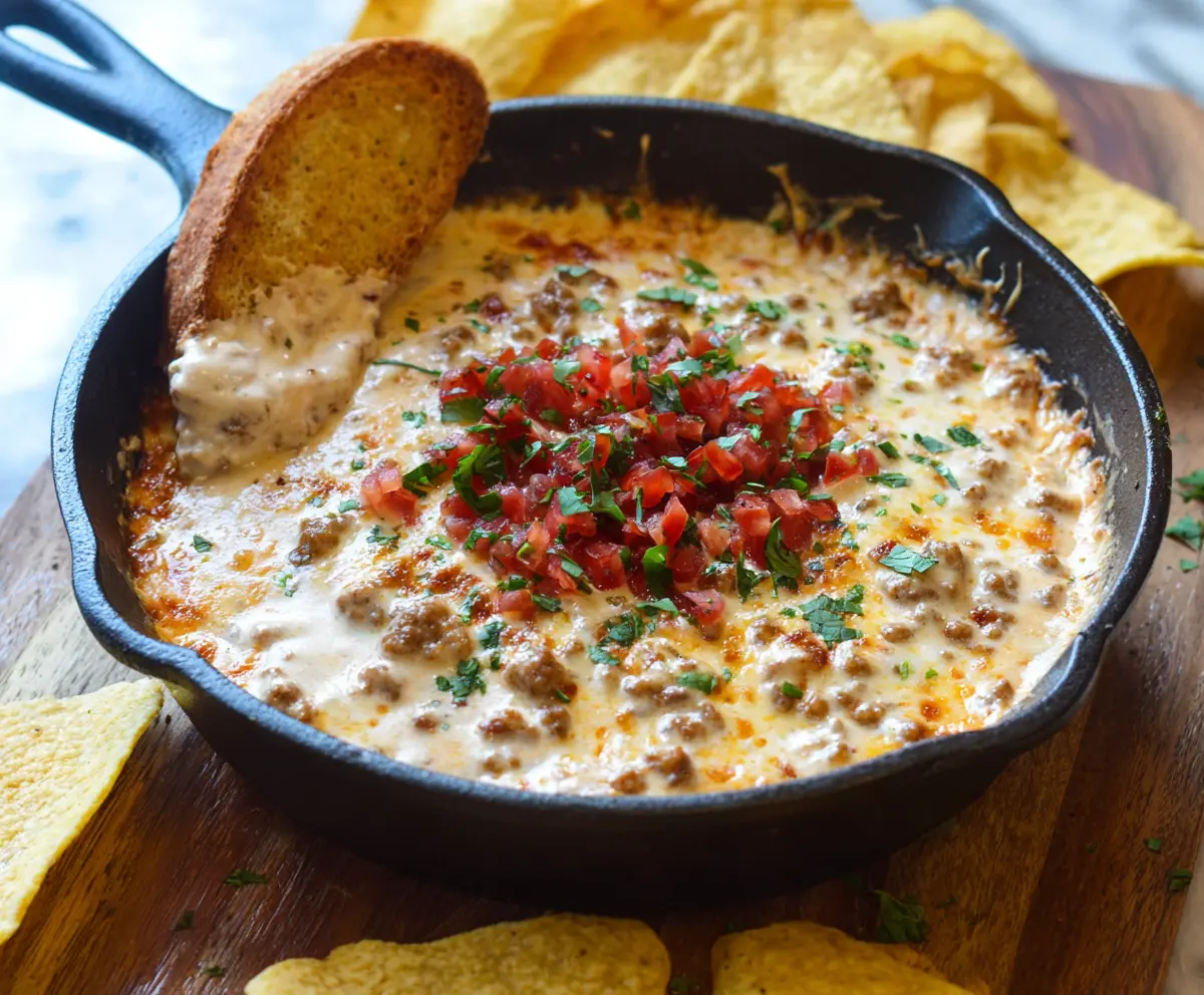 Cream Cheese Sausage Dip served with fresh vegetables and tortilla chips for a creamy, savory appetizer.