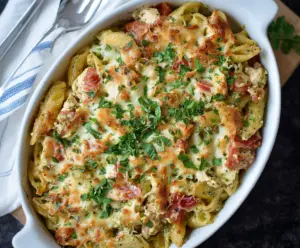 Delicious Creamy Basil Pesto Chicken Pasta Bake served on a plate with fresh basil garnish.