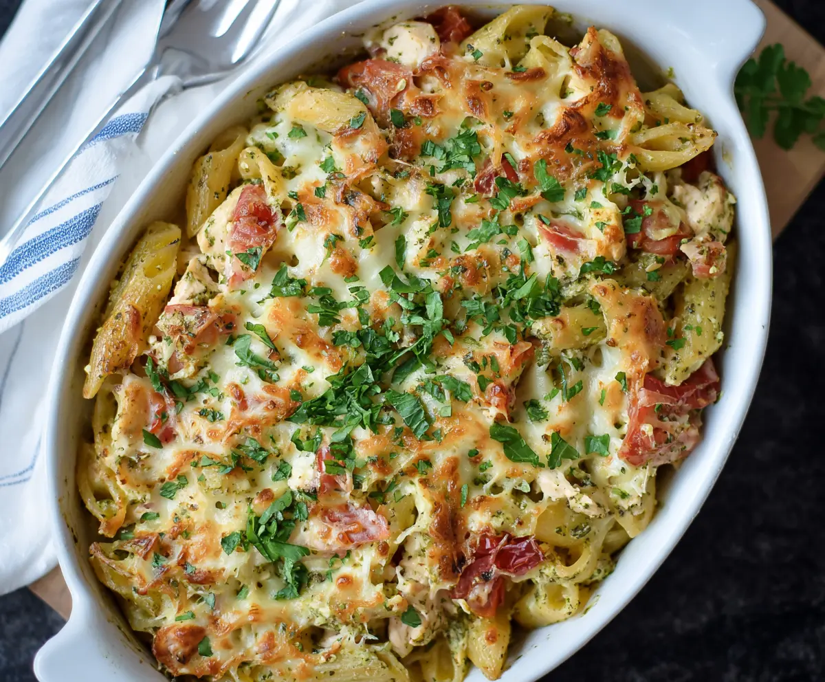 Delicious Creamy Basil Pesto Chicken Pasta Bake served on a plate with fresh basil garnish.