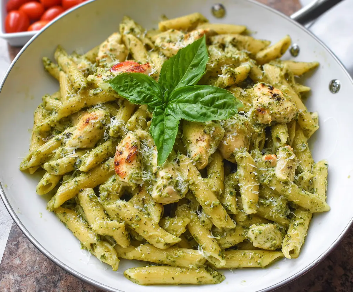 Creamy chicken pesto pasta served in a bowl, garnished with fresh basil and grated Parmesan cheese.