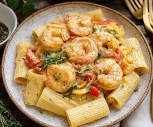 Delicious creamy Jamaican Shrimp Rasta Pasta served with colorful vegetables and tender shrimp.