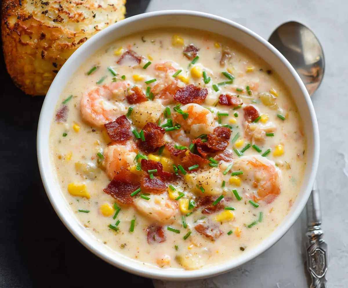 Creamy shrimp and corn chowder in a bowl with fresh herbs on top