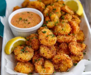 Golden crispy popcorn shrimp served with dipping sauce on a white plate, perfect for appetizers.