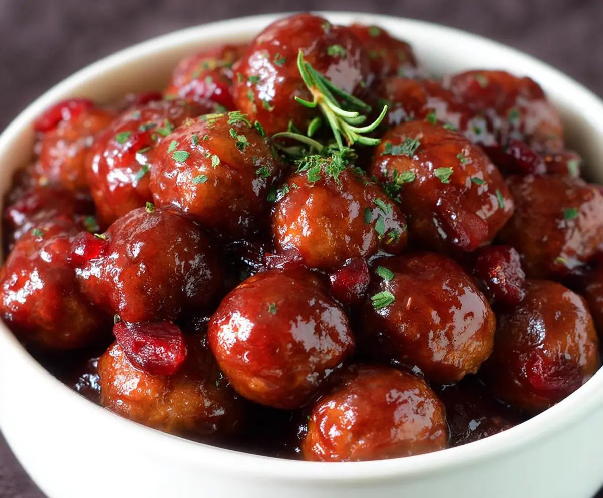 Delicious crockpot cranberry meatballs served in a bowl with fresh herbs, perfect for holiday parties.