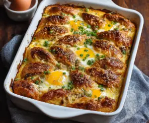 Delicious croissant breakfast casserole with eggs and cheese ready to serve