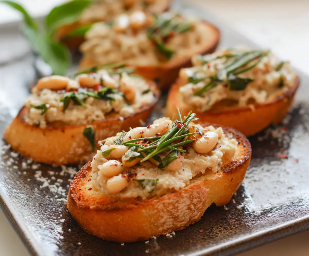 Delicious crostini topped with creamy white bean spread and fresh herbs for a flavorful appetizer.