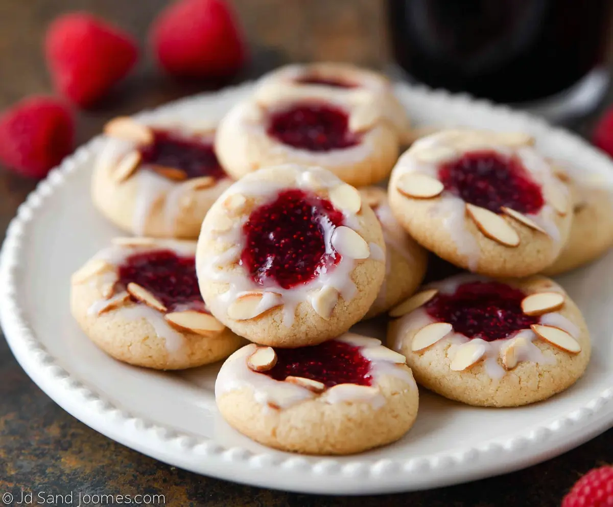 Delicious raspberry almond thumbprint cookies with a golden crust and raspberry filling on a white plate.