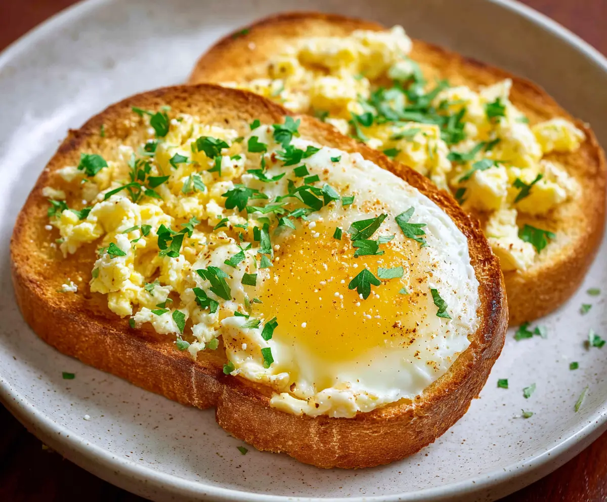 Delicious egg toast with golden crispy edges served on a white plate