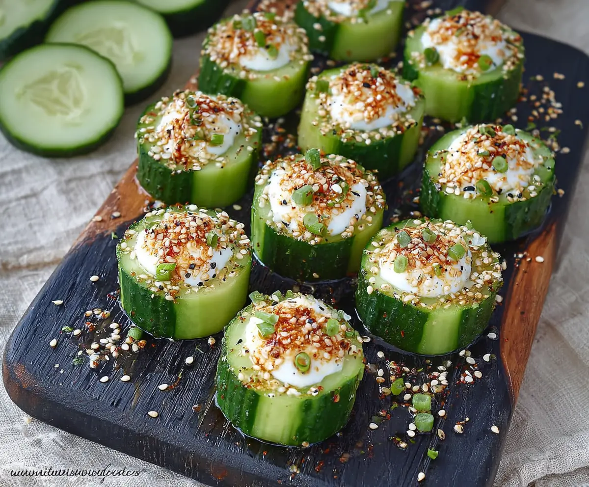 Delicious Everything Bagel Cucumber Bites with cream cheese and sesame seeds on a platter