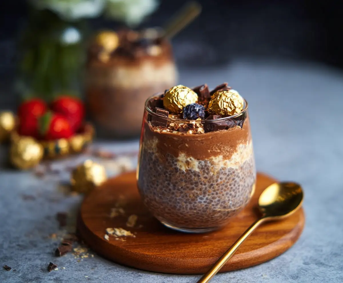 Delicious Ferrero Rocher Overnight Oats in a glass jar topped with chocolate and nuts.