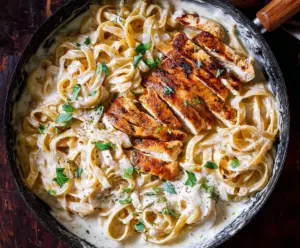 Delicious Fettuccine Alfredo with Tender Chicken Pieces on a Plate