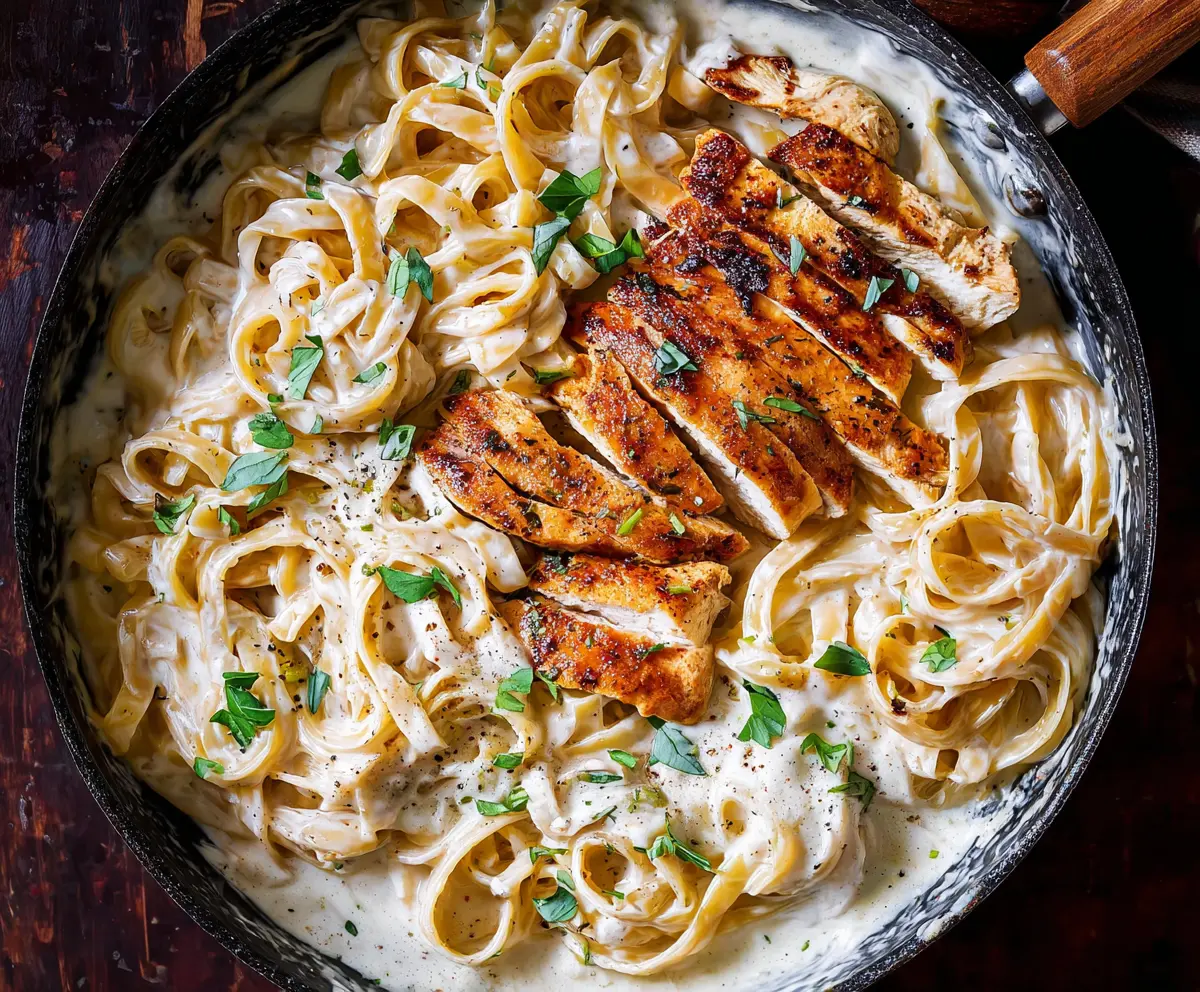 Delicious Fettuccine Alfredo with Tender Chicken Pieces on a Plate