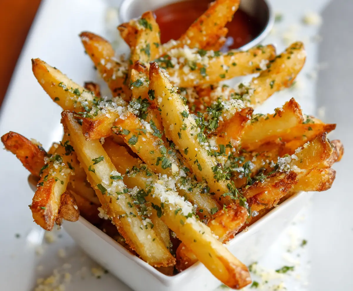Crispy garlic and Parmesan fries garnished with fresh herbs on a white plate