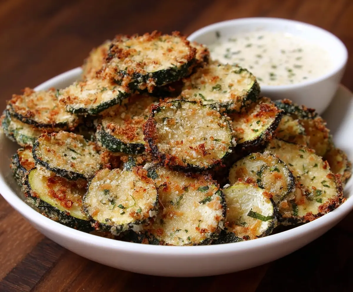 Crunchy Garlic Parmesan Zucchini Chips on a white plate, a healthy low-carb snack