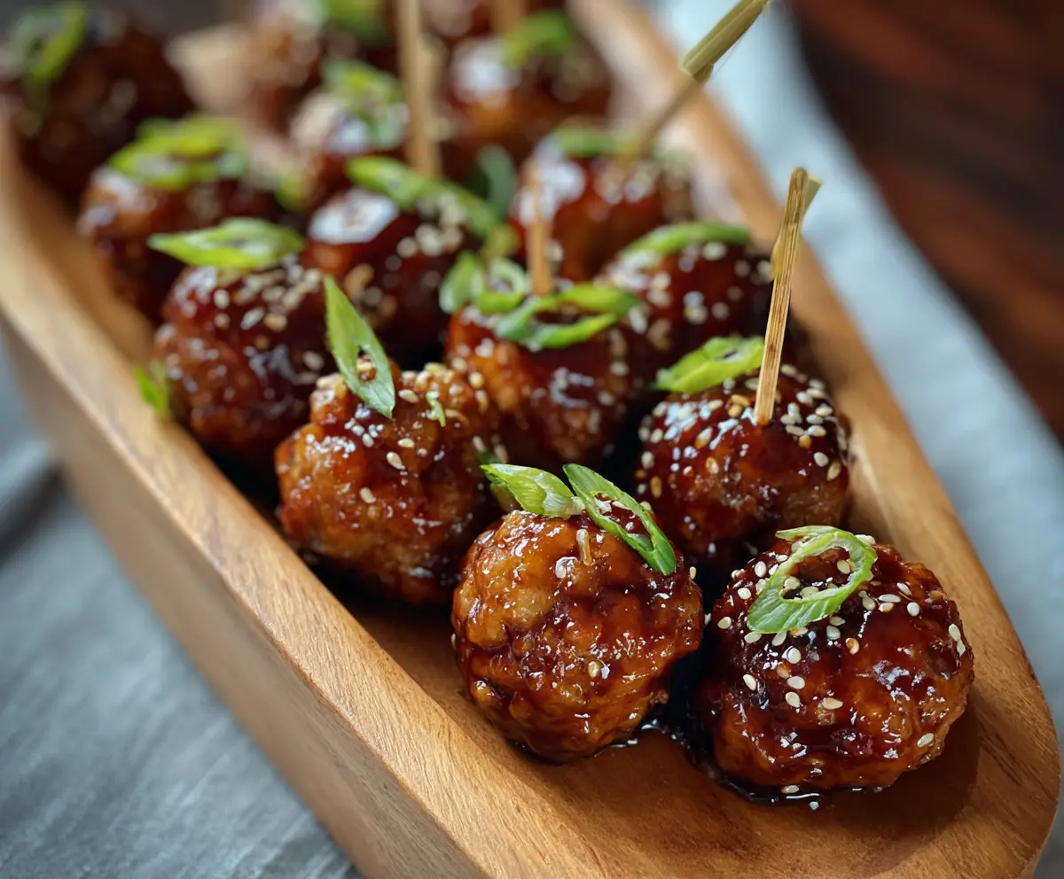 Delicious ginger glazed turkey meatball bites garnished with fresh herbs on a white plate