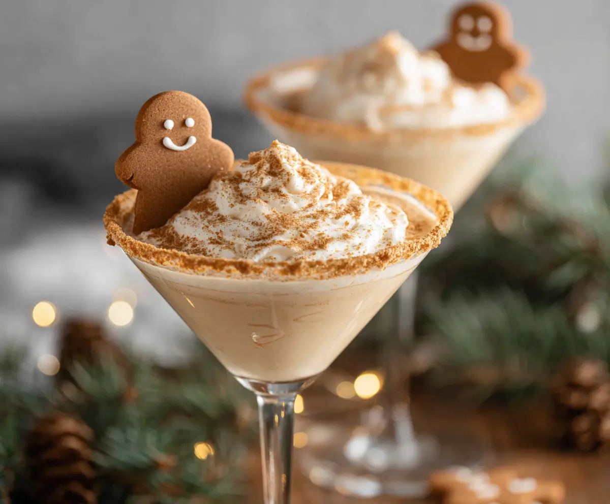Delicious Gingerbread Cookie Martini garnished with a cinnamon stick and gingerbread cookie