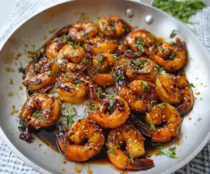 Delicious glazed honey garlic shrimp served on a plate, garnished with fresh herbs.