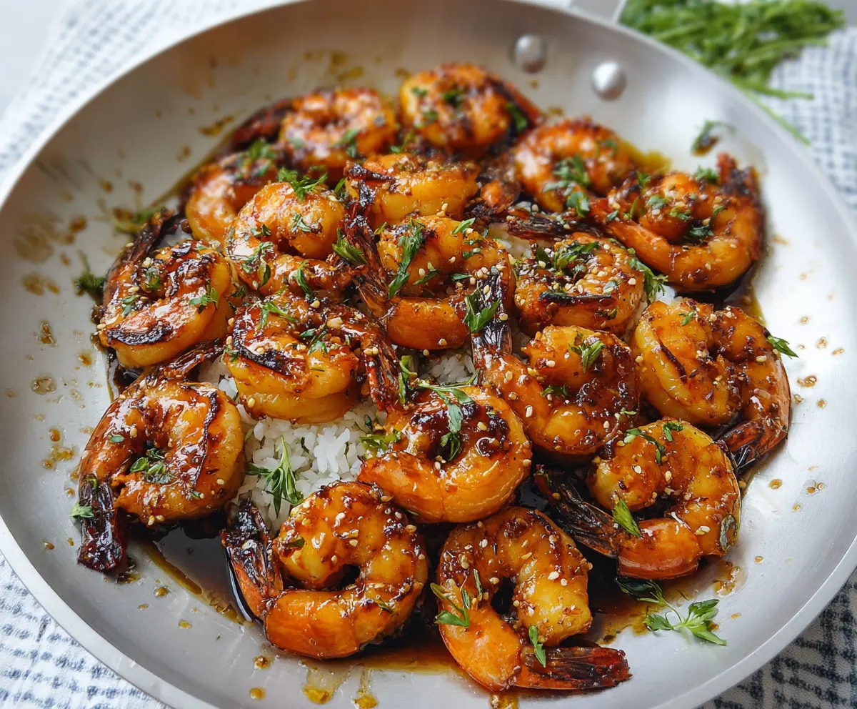 Delicious glazed honey garlic shrimp served on a plate, garnished with fresh herbs.