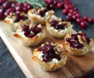 Elegant Goat Cheese Cranberry Phyllo Cups served as a delicious appetizer for parties.