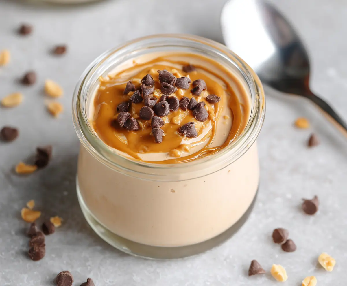 Creamy Greek yogurt peanut butter protein pudding served in a glass bowl