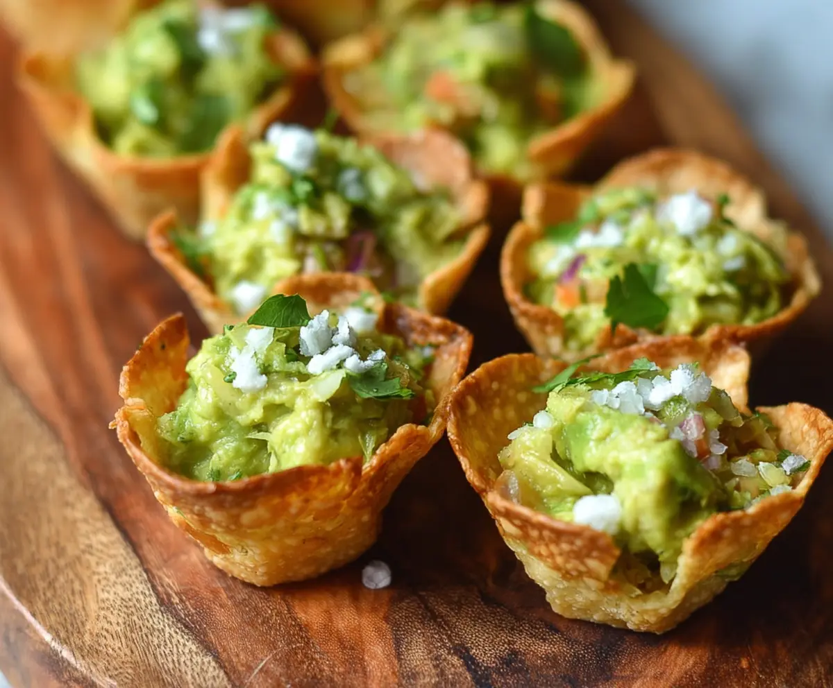 Delicious guacamole served in crispy cups, perfect for appetizers and snack bites.