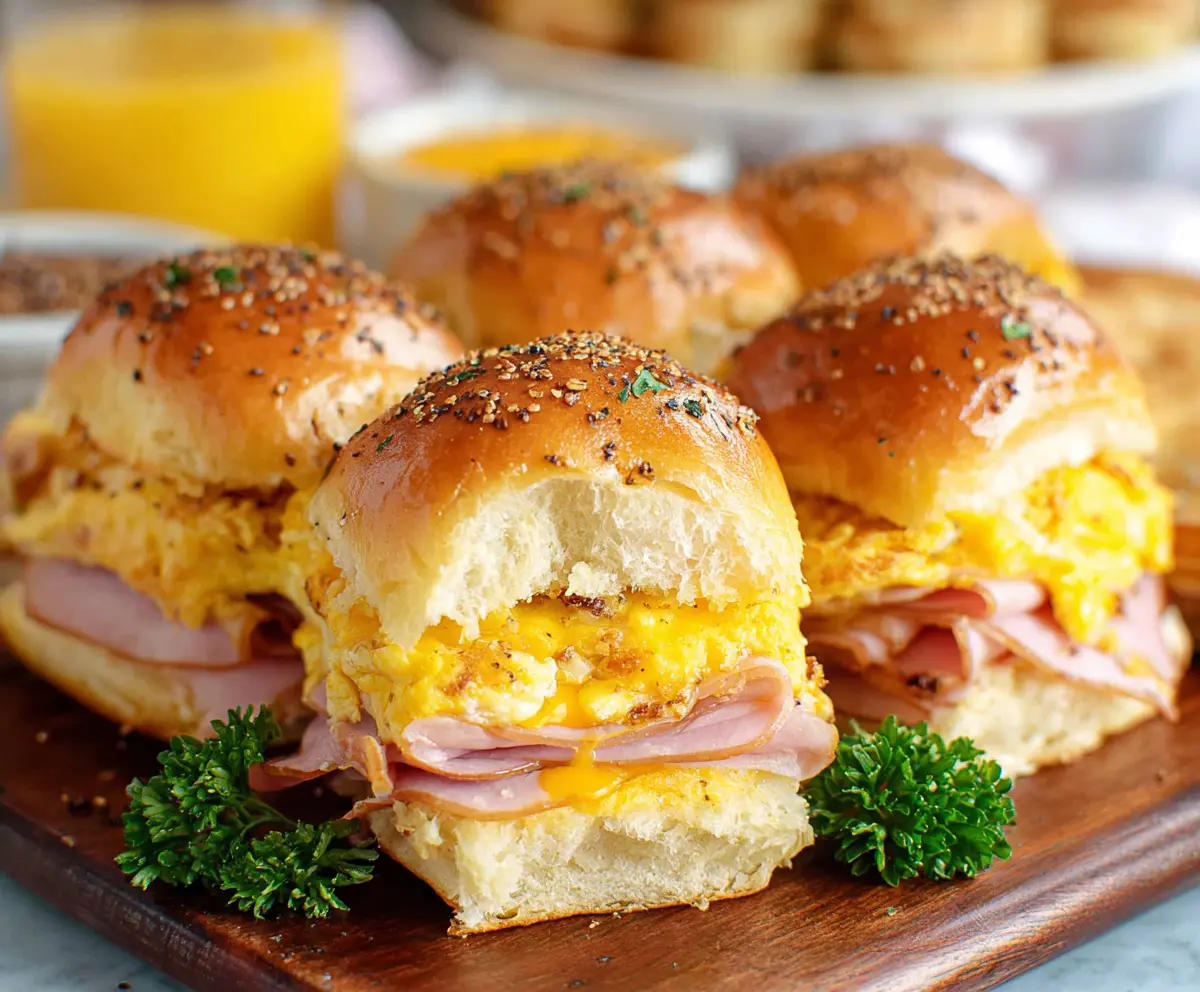 Delicious ham and cheese breakfast sliders ready to serve for morning brunch