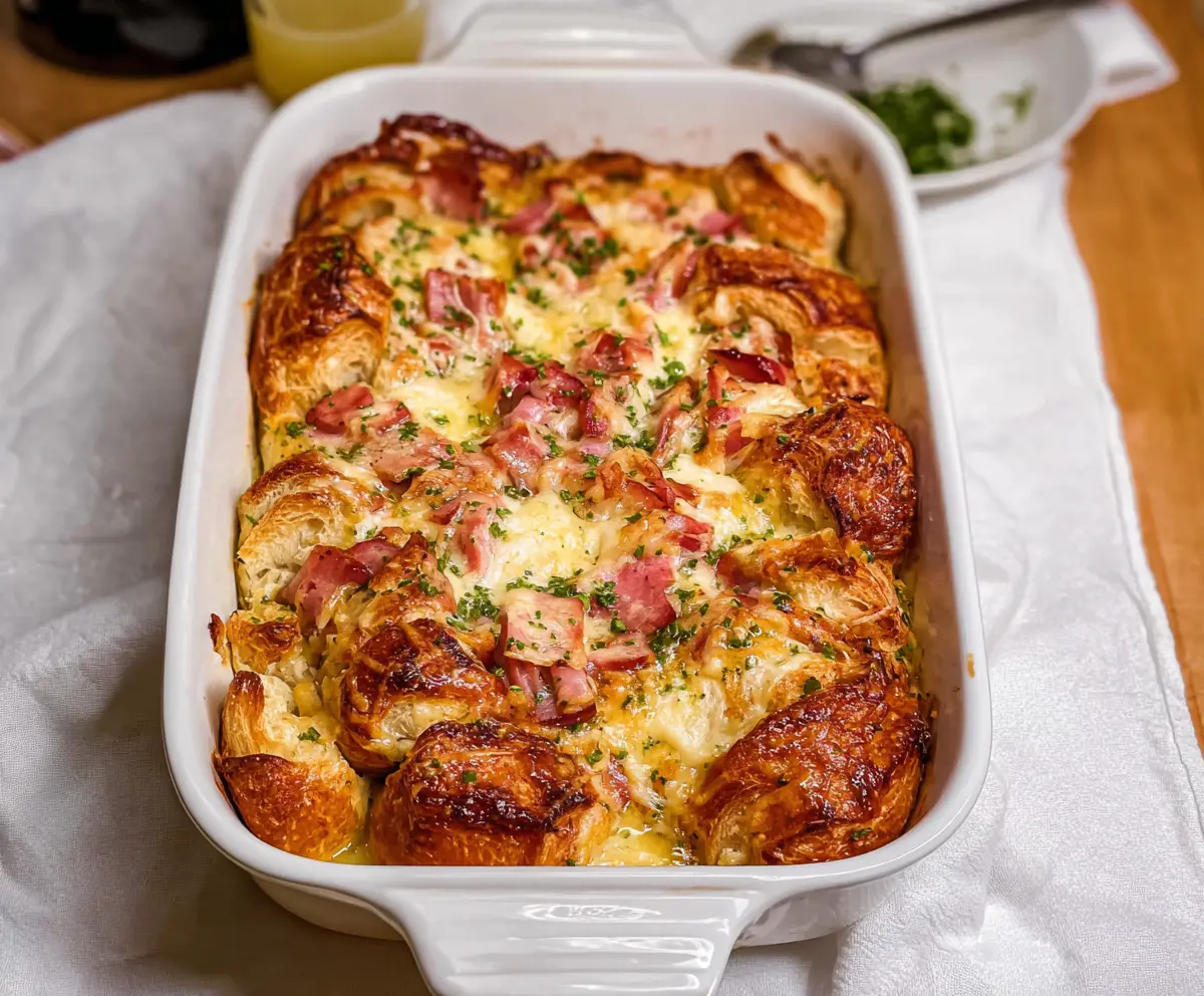 Delicious Ham and Cheese Croissant Casserole with melted cheese and fresh ingredients