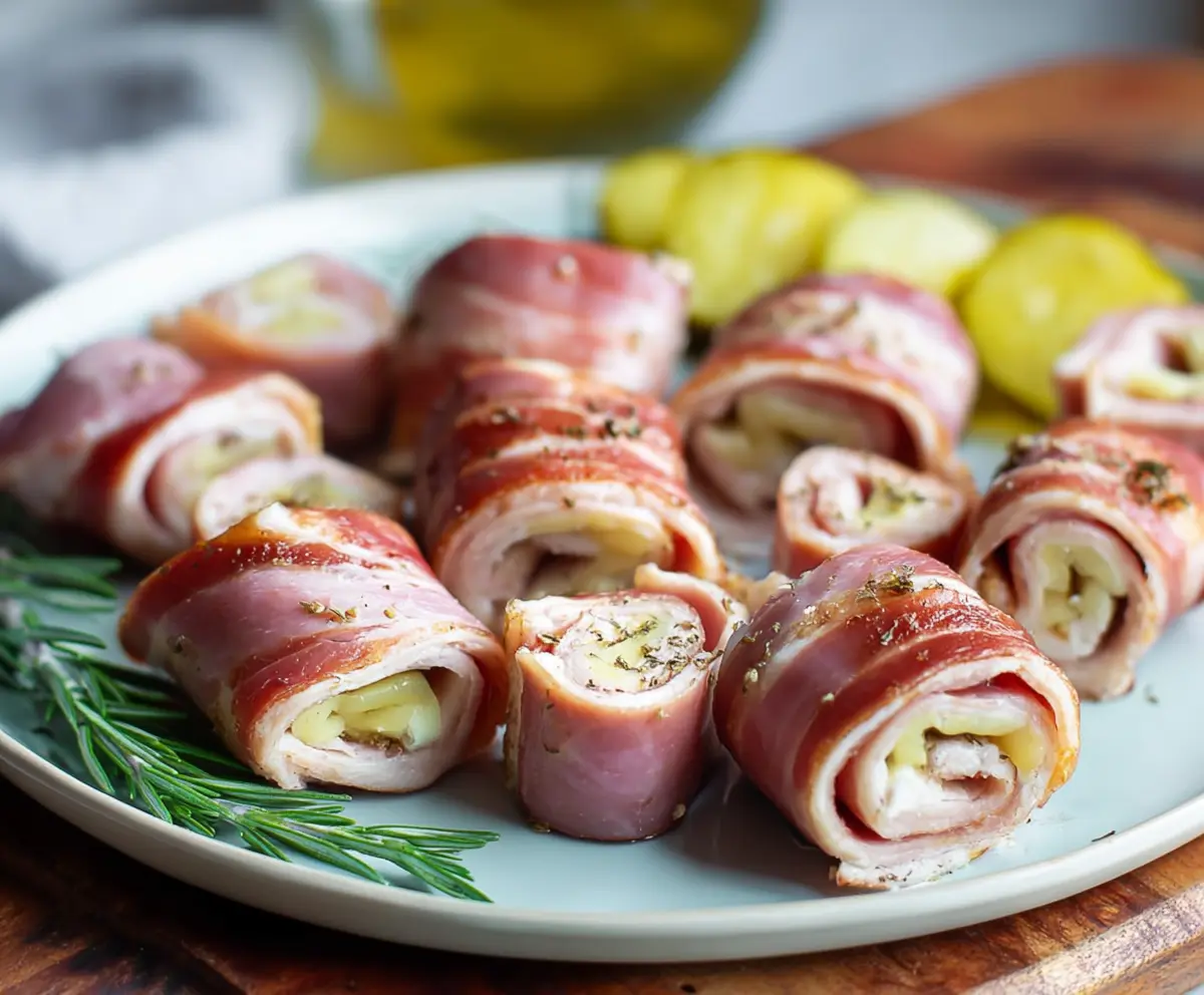 Delicious ham roll ups filled with cheese and herbs, perfect for appetizers or snacks.