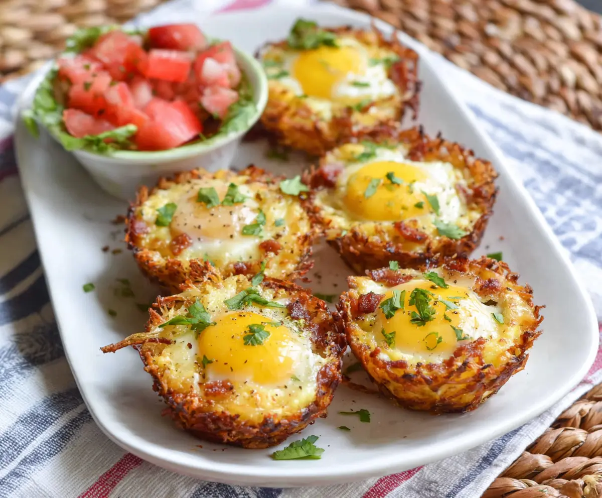 Delicious hash brown and egg cups served for breakfast or brunch.