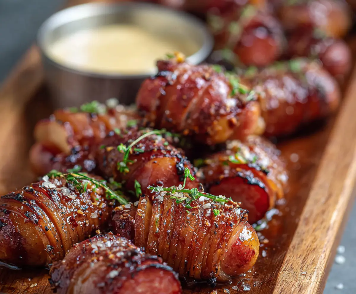 Delicious Hasselback Kielbasa Bites served with dipping sauce, perfect for appetizer parties.