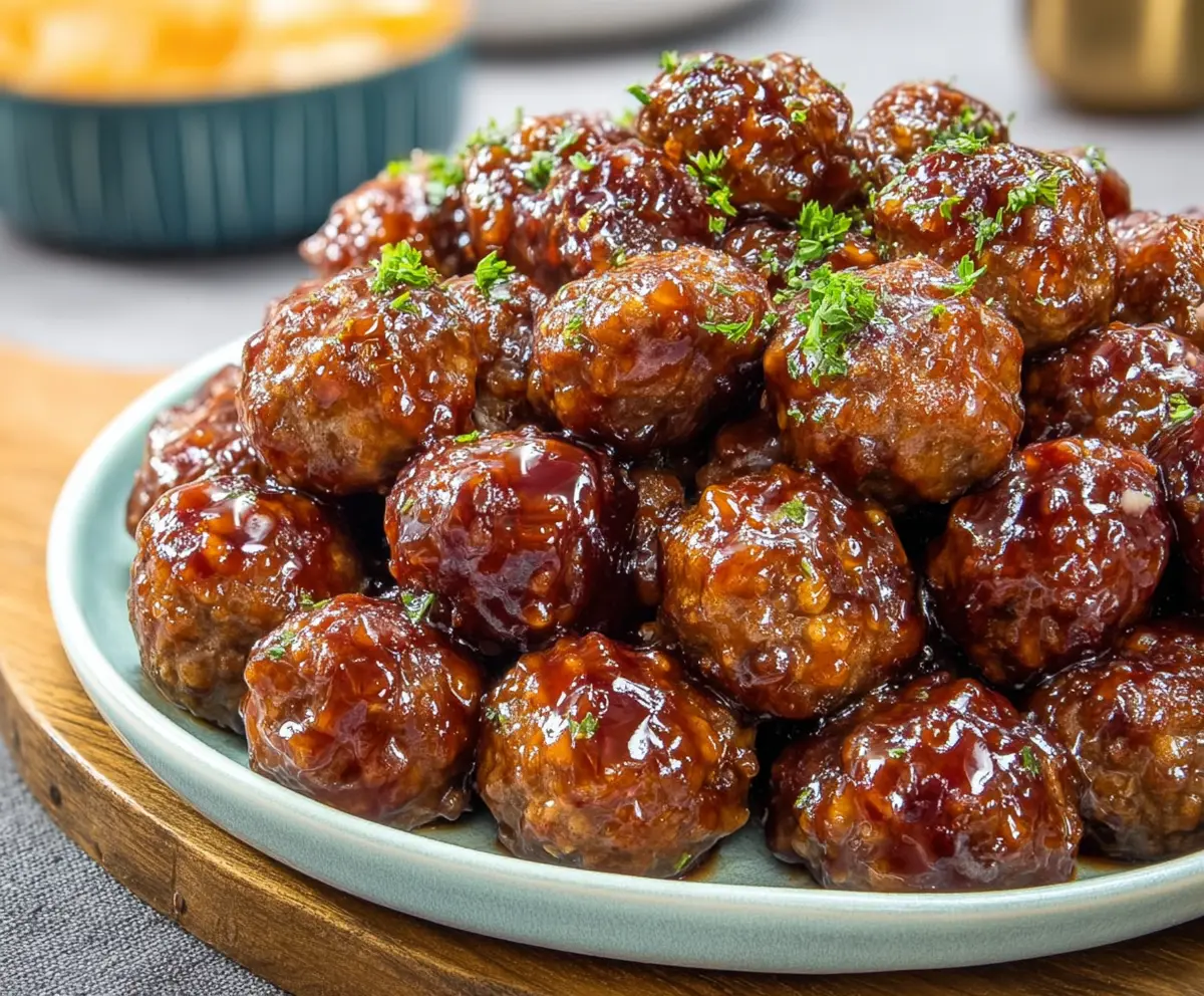 Delicious honey garlic meatballs with a shiny glaze served on a plate, perfect for dinner.