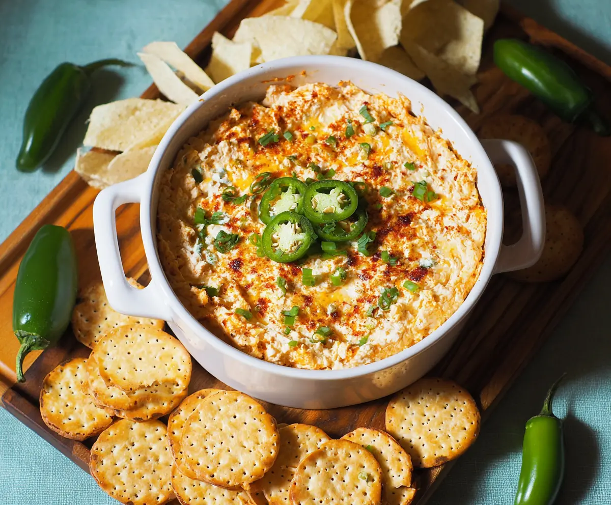 Creamy Jalapeno Popper Protein Dip with crispy bacon bits and melted cheese in a bowl.