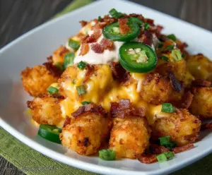 Crispy Jalapeno Popper Tater Tots topped with melted cheese and fresh jalapenos, perfect for snacking or appetizers.