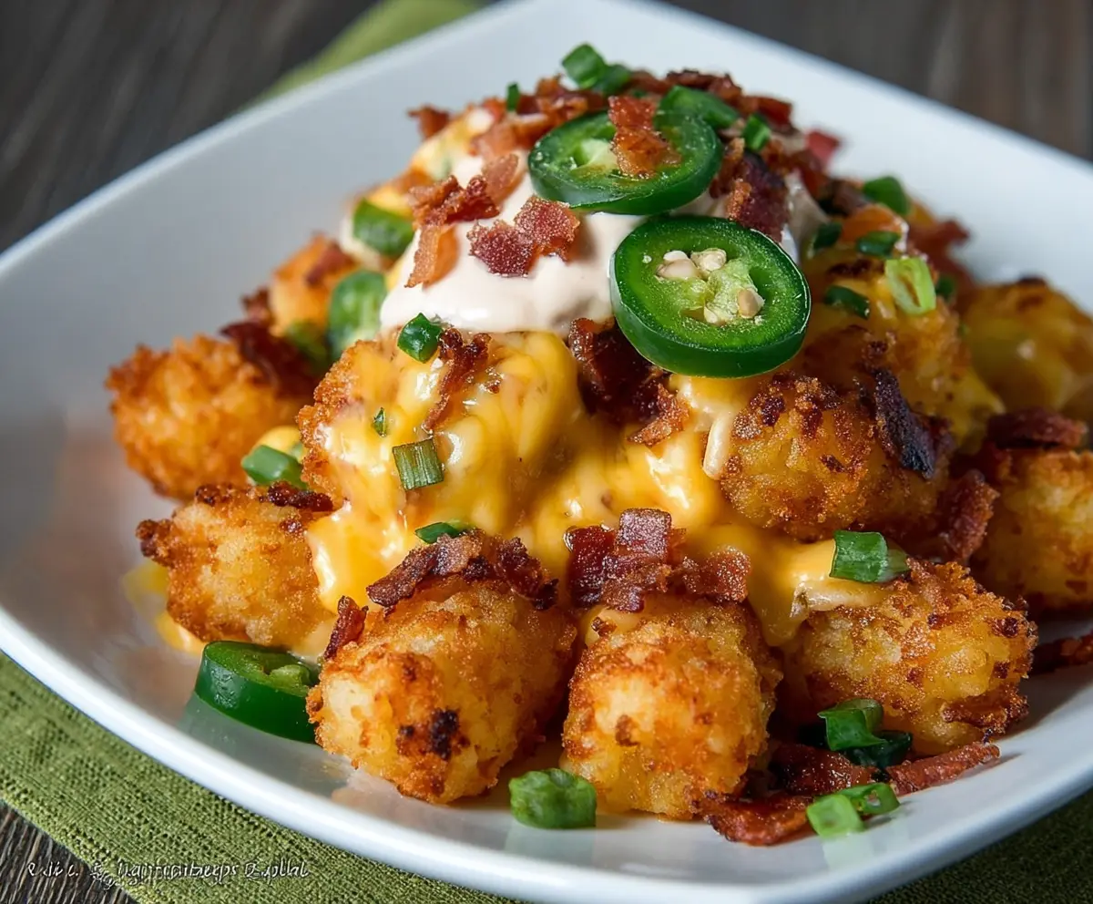 Crispy Jalapeno Popper Tater Tots topped with melted cheese and fresh jalapenos, perfect for snacking or appetizers.