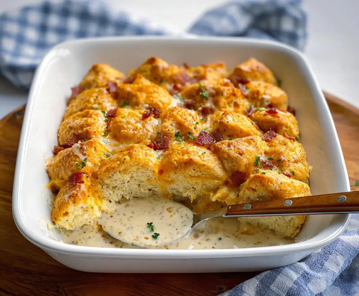 Delicious Lazy Biscuits Breakfast Casserole with eggs, cheese, and sausage in a baking dish