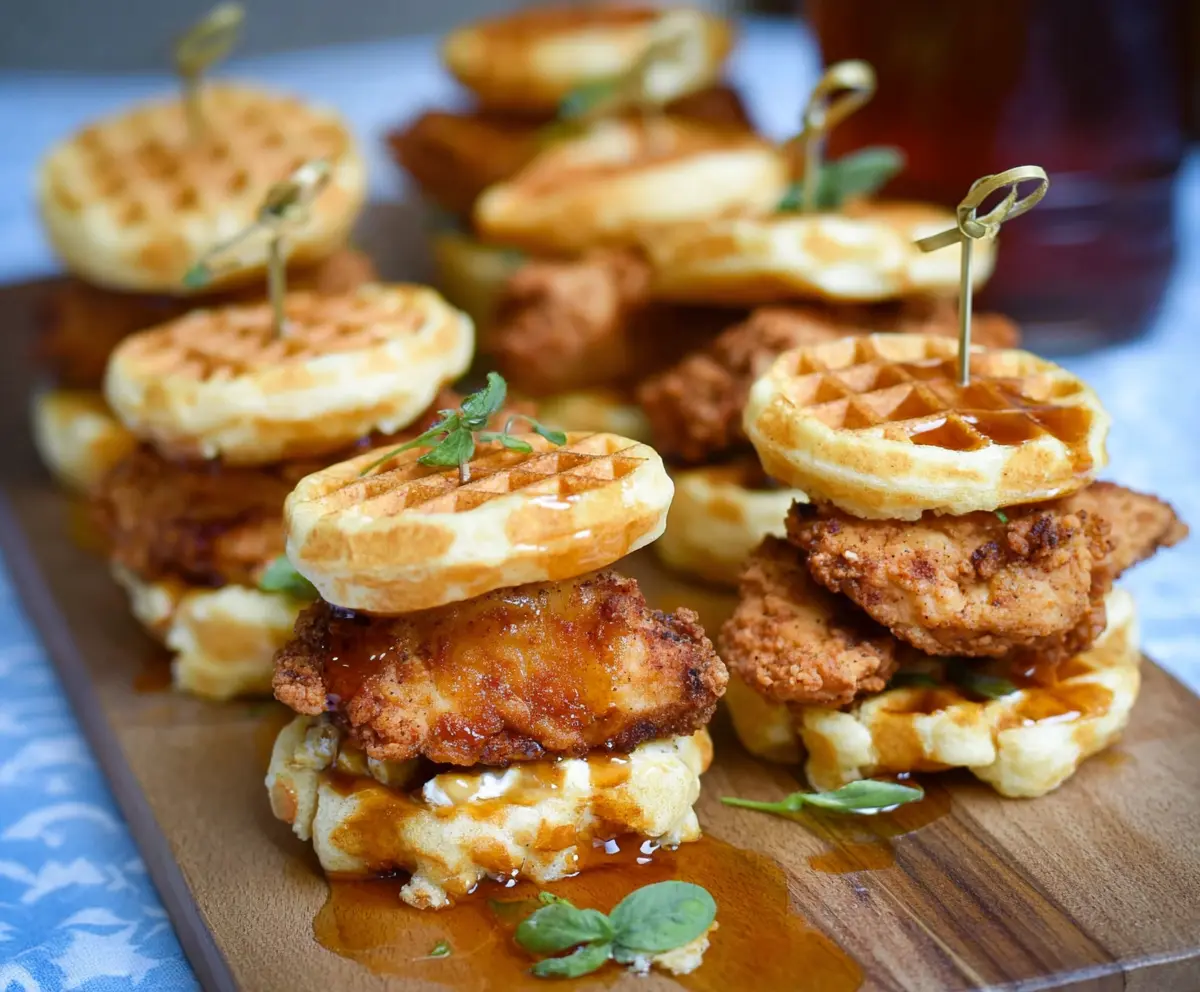 Delicious mini chicken and waffle sliders served on a plate for a tasty appetizer.