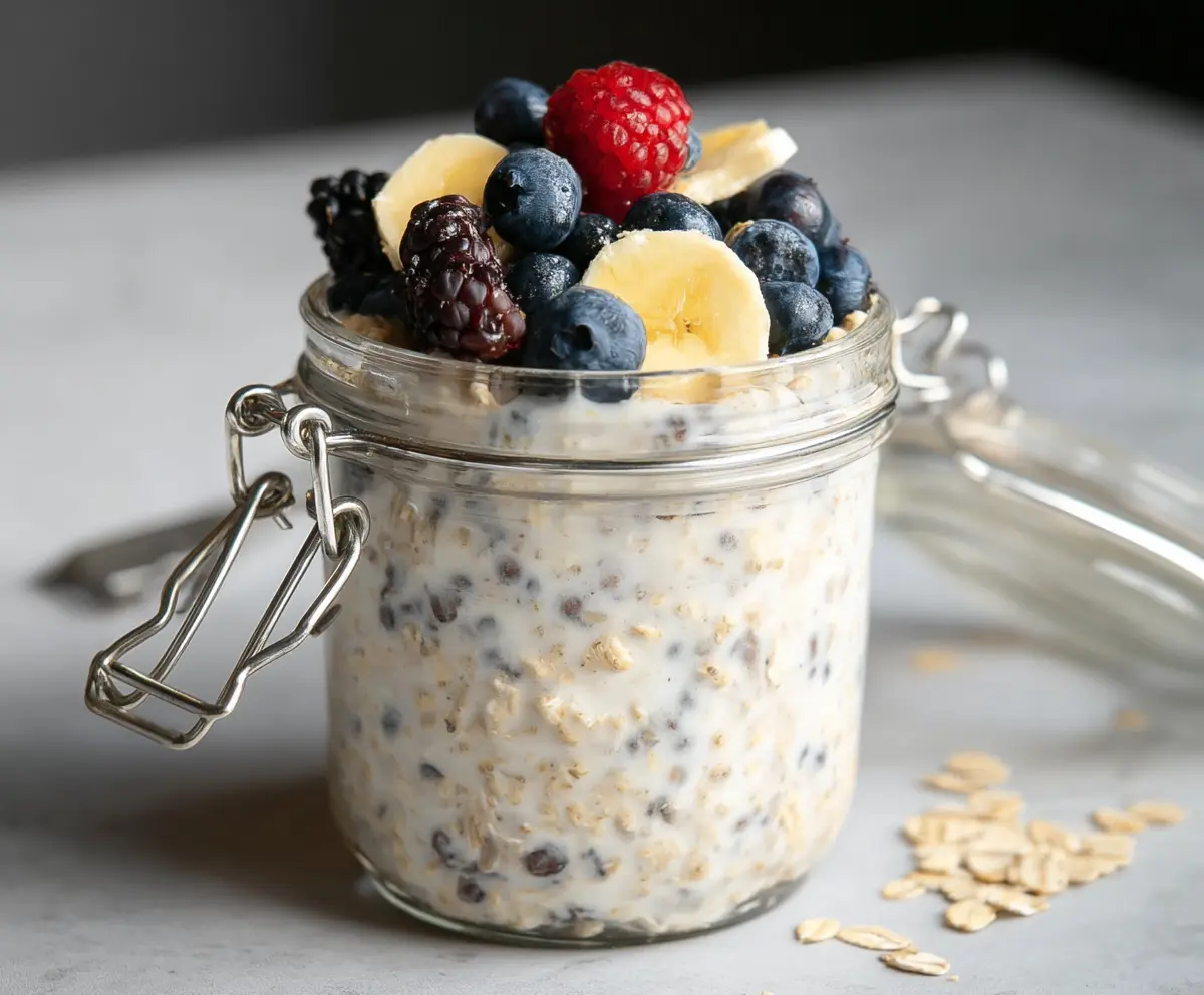 Healthy oat milk overnight oats in a glass jar topped with fresh berries and nuts, perfect for a nutritious breakfast.