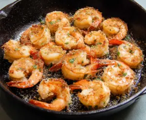 Delicious pan-fried shrimp garnished with fresh herbs on a cozy plate.