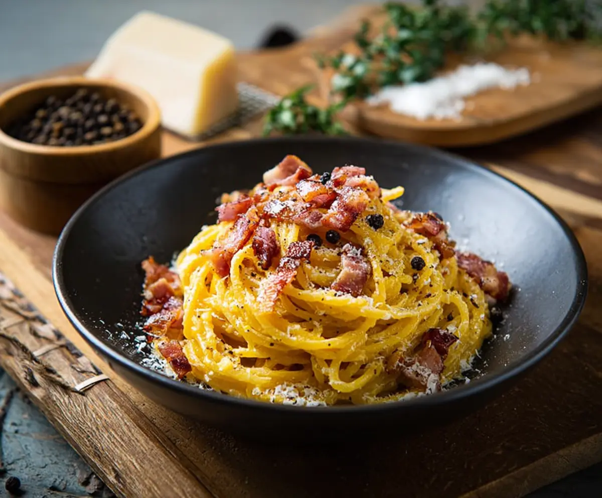 Delicious Pasta Carbonara with crispy guanciale and creamy sauce on a rustic plate.
