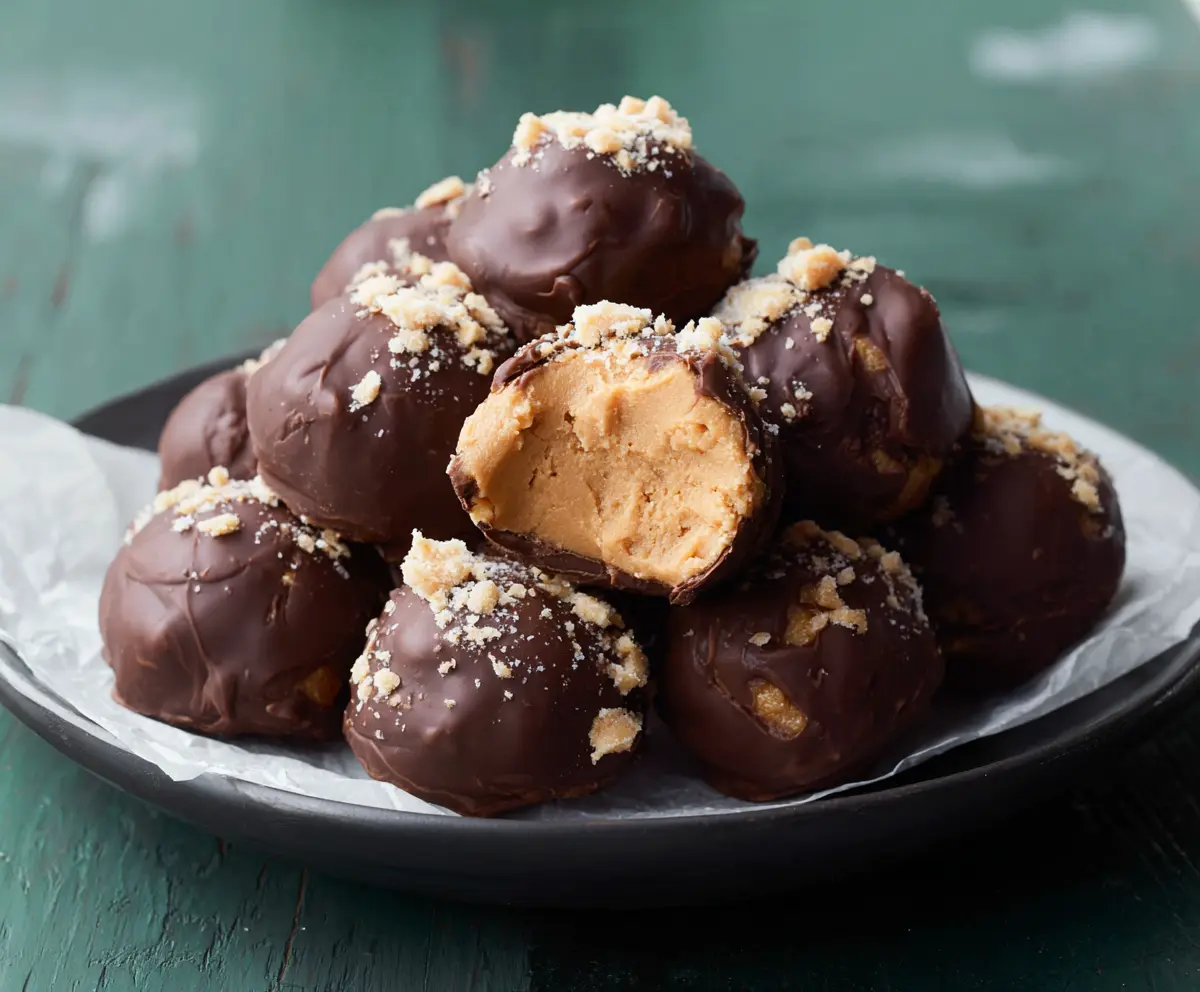 Delicious homemade peanut butter balls with chocolate coating on a white plate