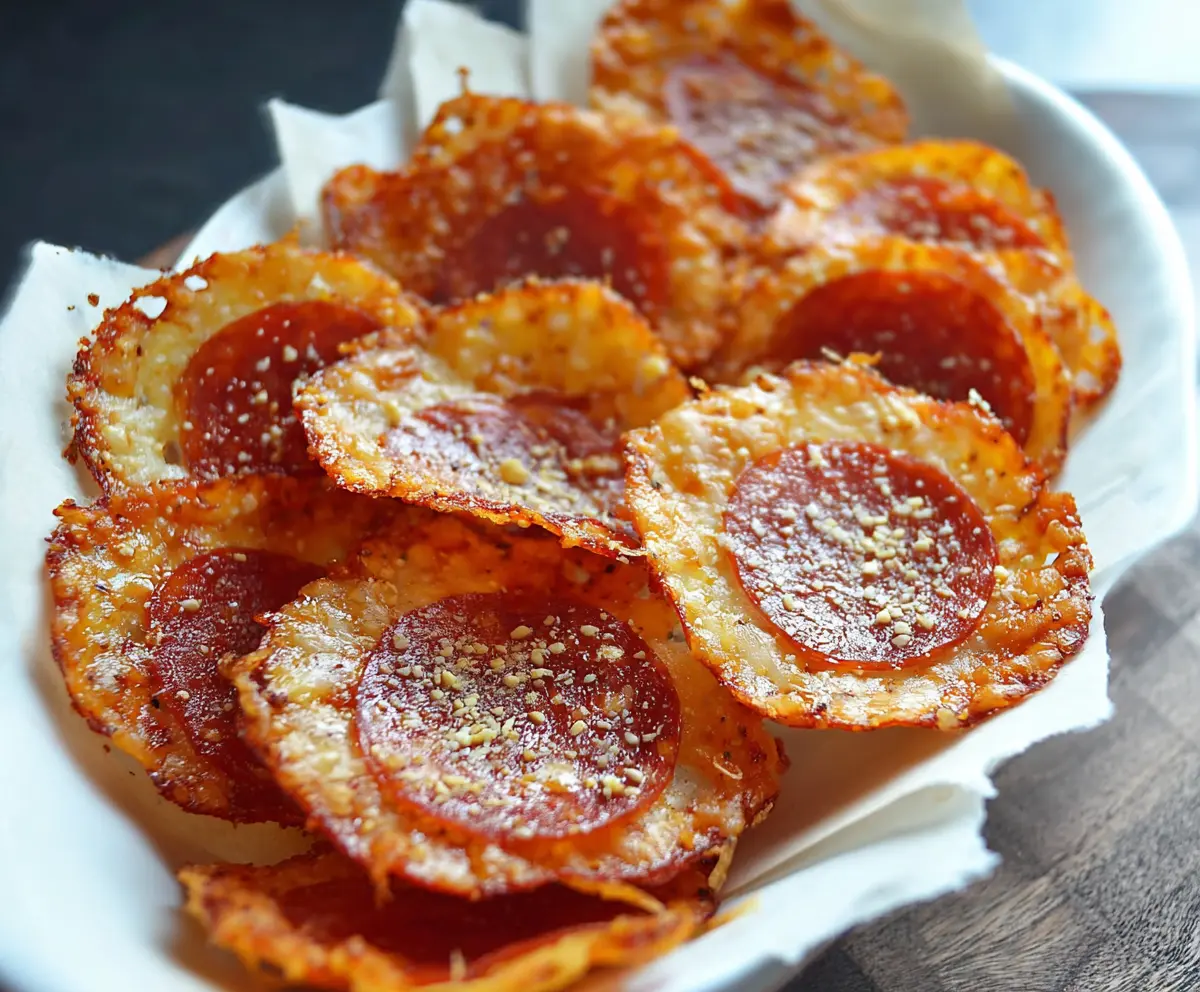 Crispy Pepperoni and Cheese Chips on a plate with melted cheese and savory pepperoni slices.